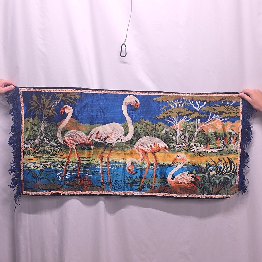 Vintage Flamingo Tapestry Wall Hanging Blue Velvet Tropical Fringed MCM Boho